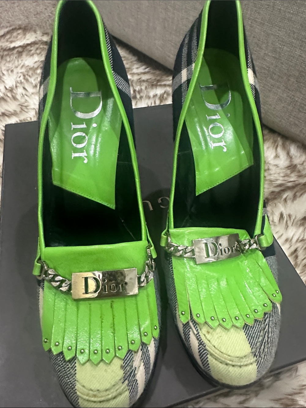 Dior Green Plaid Fringe Chain Loafer Pumps